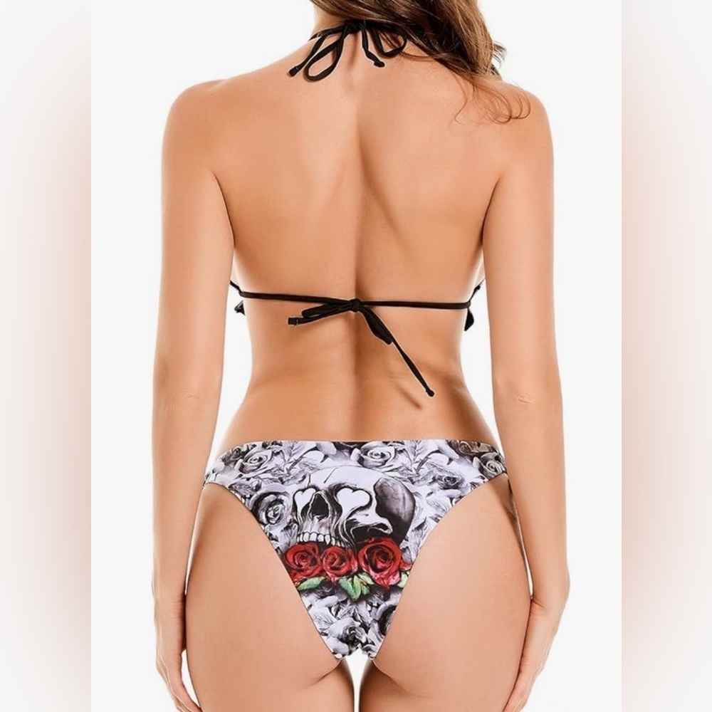 Skull Roses Triangle Halter Side Tie Bikini Set - Picture 2 of 11